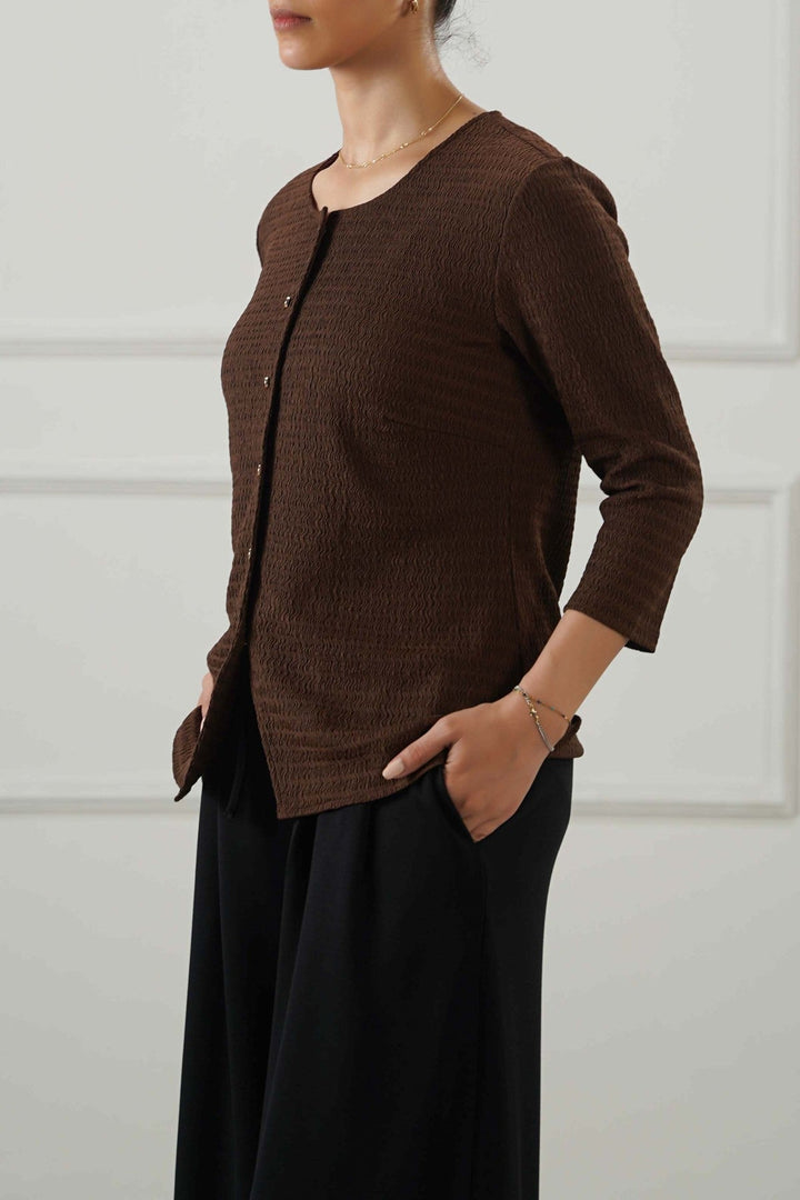 BROWN TEXTURED FITTED SHIRT