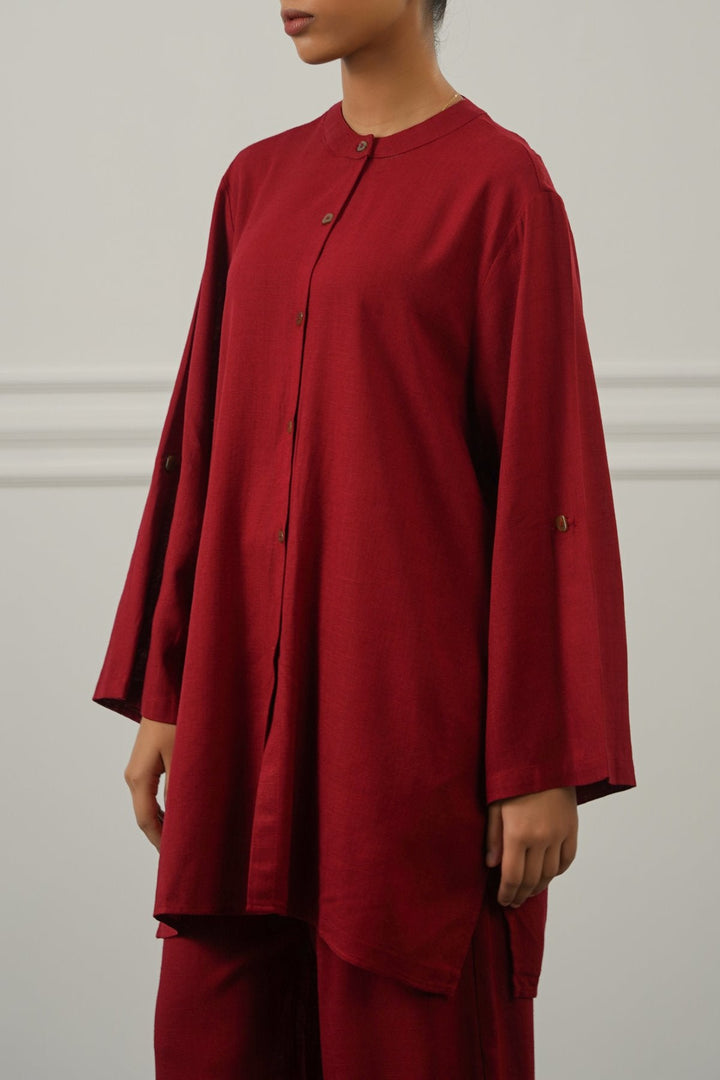 RED LINEN BLEND EASE SHIRT