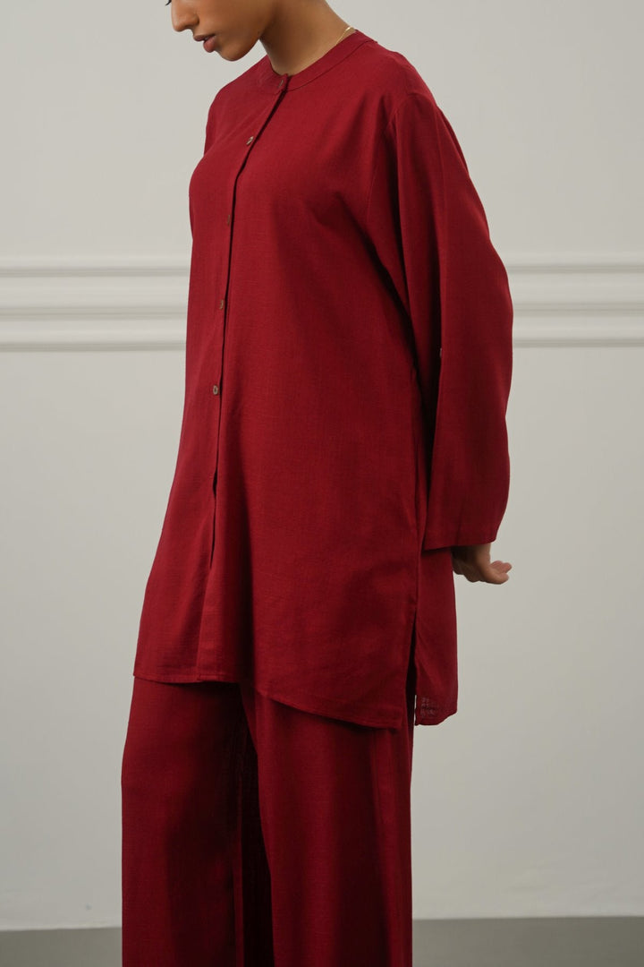 RED LINEN BLEND EASE SHIRT