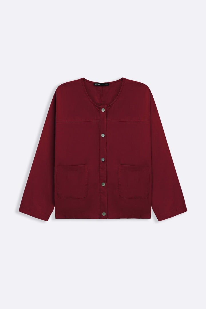 BURGUNDY TENCEL-LINEN POCKET BLOUSE