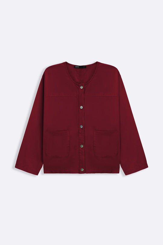 BURGUNDY TENCEL-LINEN POCKET BLOUSE
