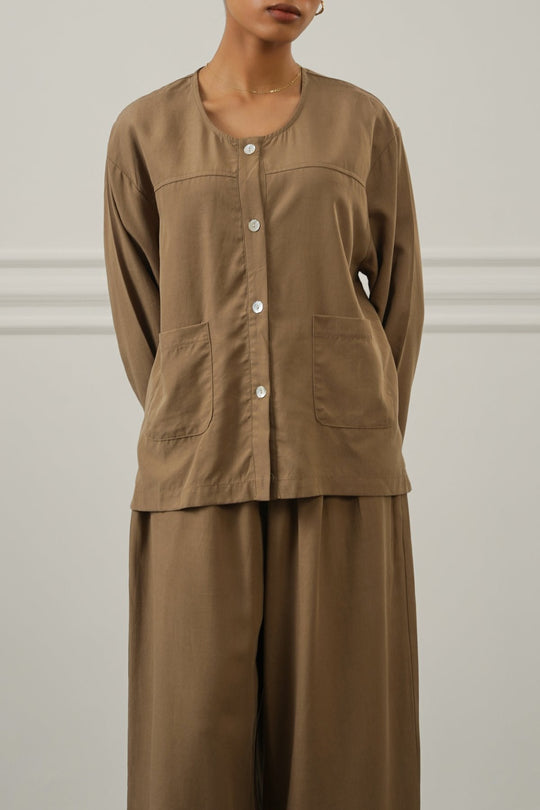 TAUPE TENCEL-LINEN POCKET BLOUSE
