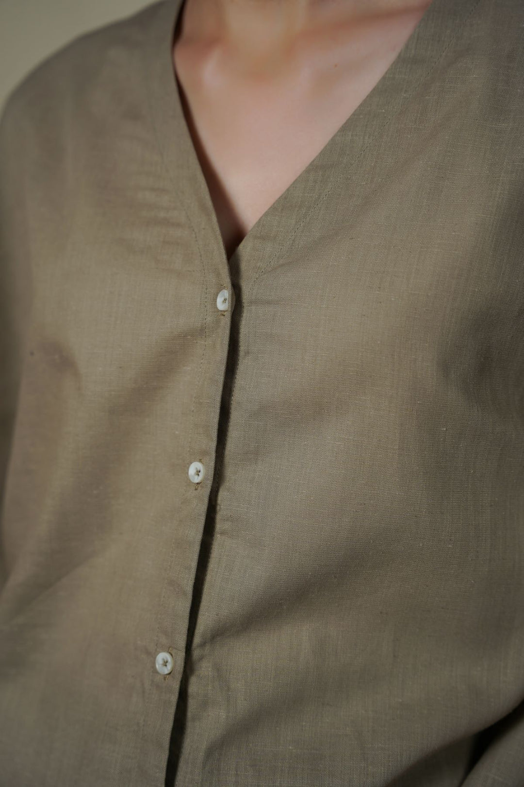 BEIGE V NECK BUTTON BLOUSE