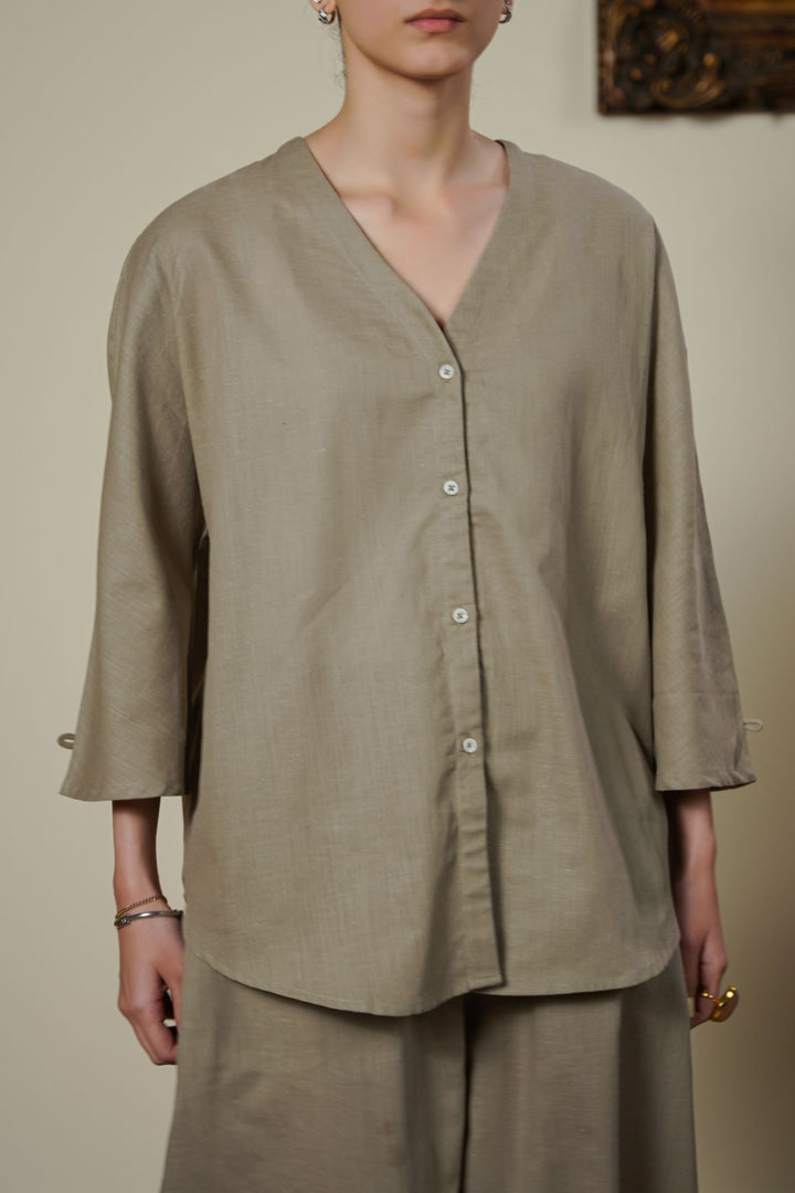 BEIGE V NECK BUTTON BLOUSE