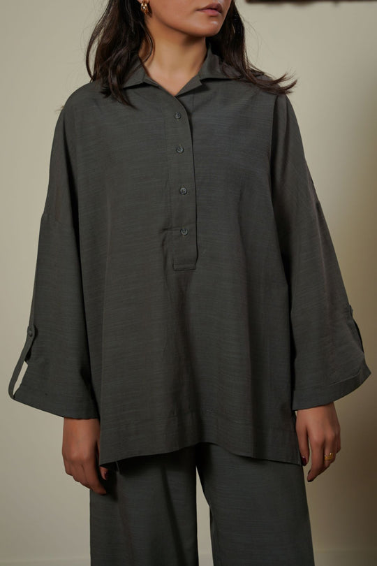 MOUSE GREY HALF-BUTTON SUMMER SHIRT