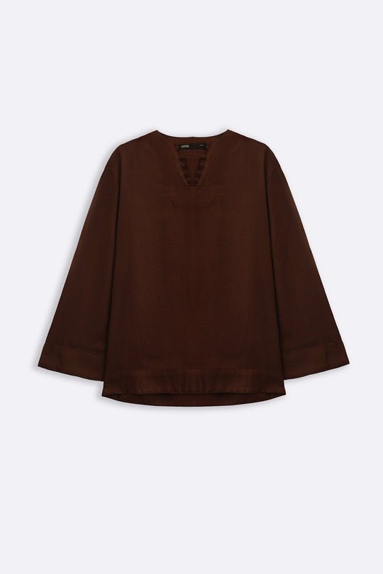 BROWN SLOUCHY V-NECK BLOUSE