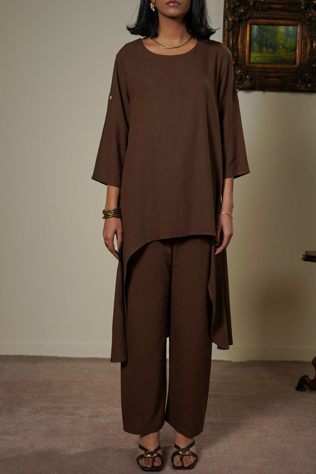 COFFEE SCOOP HEM LINEN BLEND TUNIC