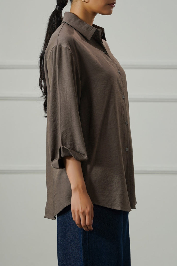 BROWN BACK SLIT BLOUSE