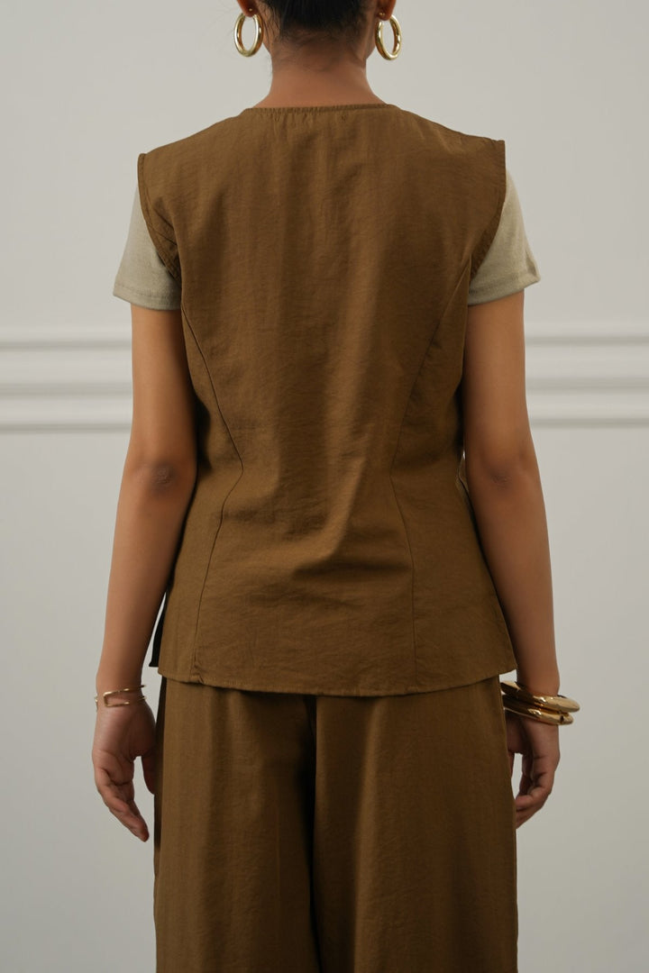 BROWN CASUAL COTTON MIX VEST