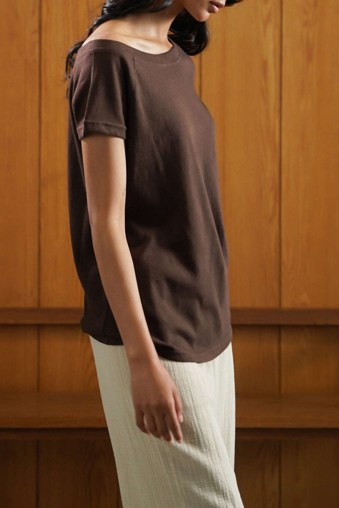 BROWN ASSYMETRICAL CUT TEE