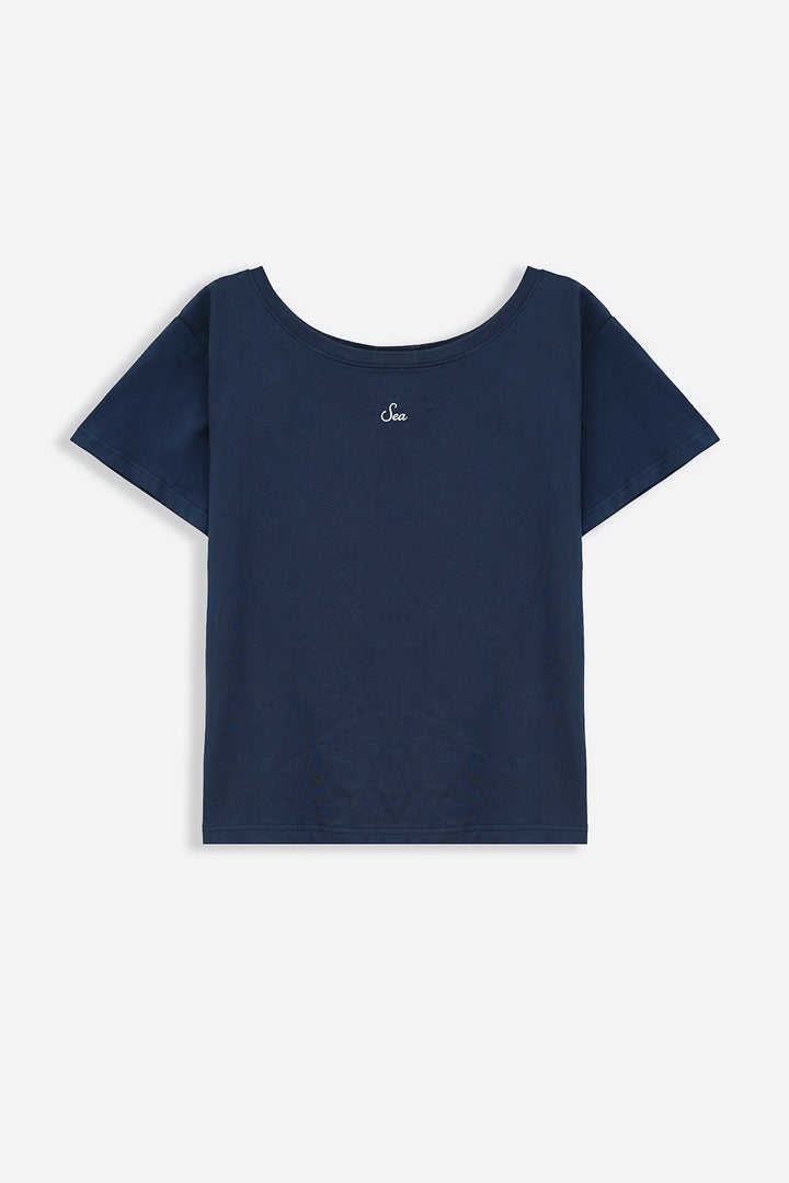 NAVY OFF SHOULDER TEXT TEE