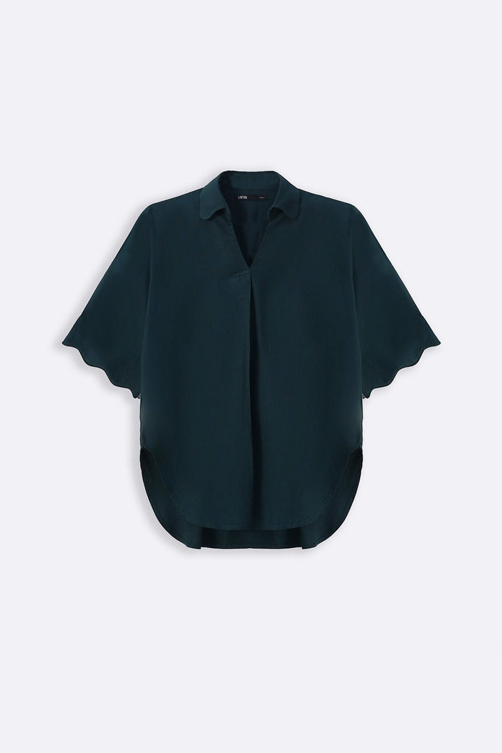 FOREST GREEN LINEN BLEND SCALLOP SHIRT