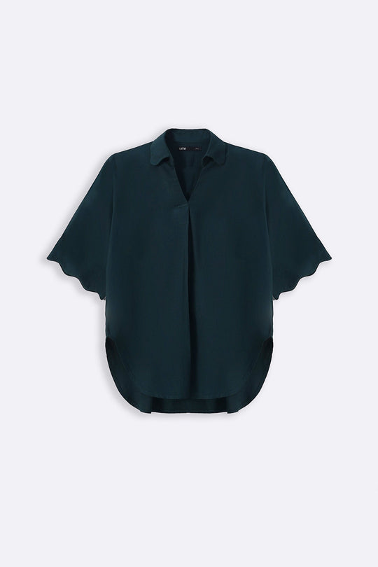 FOREST GREEN LINEN BLEND SCALLOP SHIRT