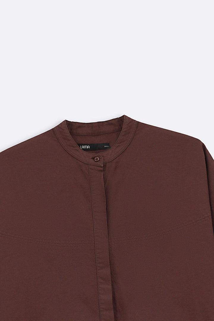 BROWN OVERSIZED BAND COLLAR SHIRT