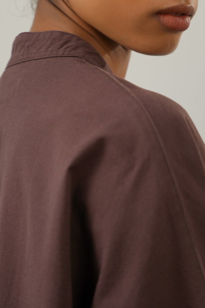 BROWN OVERSIZED BAND COLLAR SHIRT