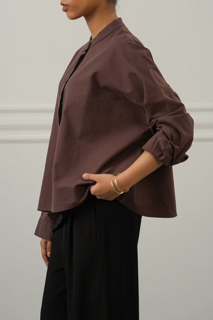 BROWN OVERSIZED BAND COLLAR SHIRT