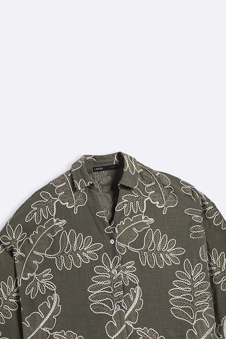 GREEN CORD COTTON EMBROIDERY SHIRT