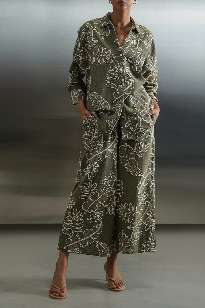 GREEN CORD COTTON EMBROIDERY SHIRT