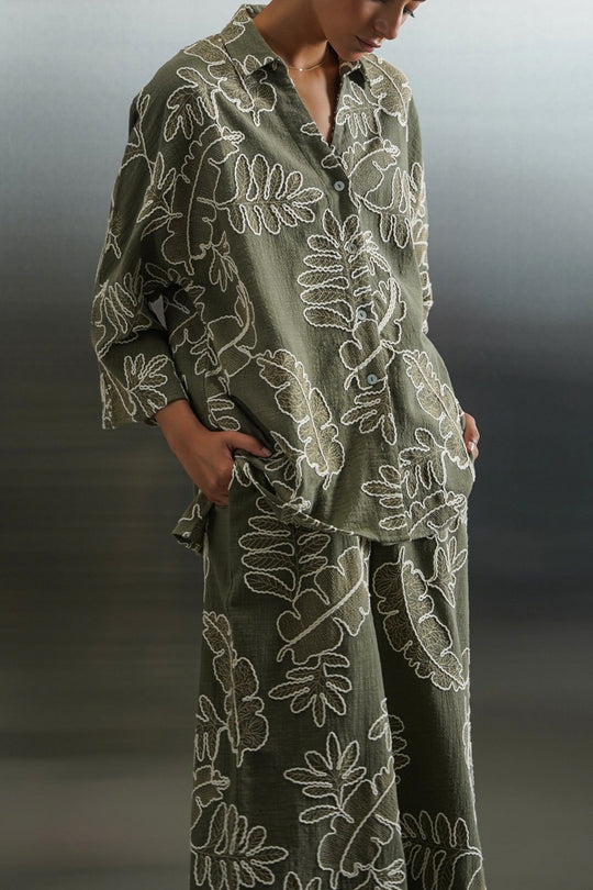 GREEN CORD COTTON EMBROIDERY SHIRT