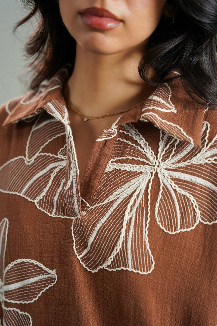 BROWN CORD COTTON EMBROIDERY SHIRT