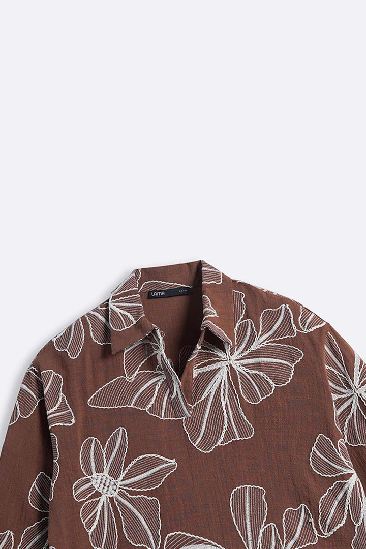 BROWN CORD COTTON EMBROIDERY SHIRT