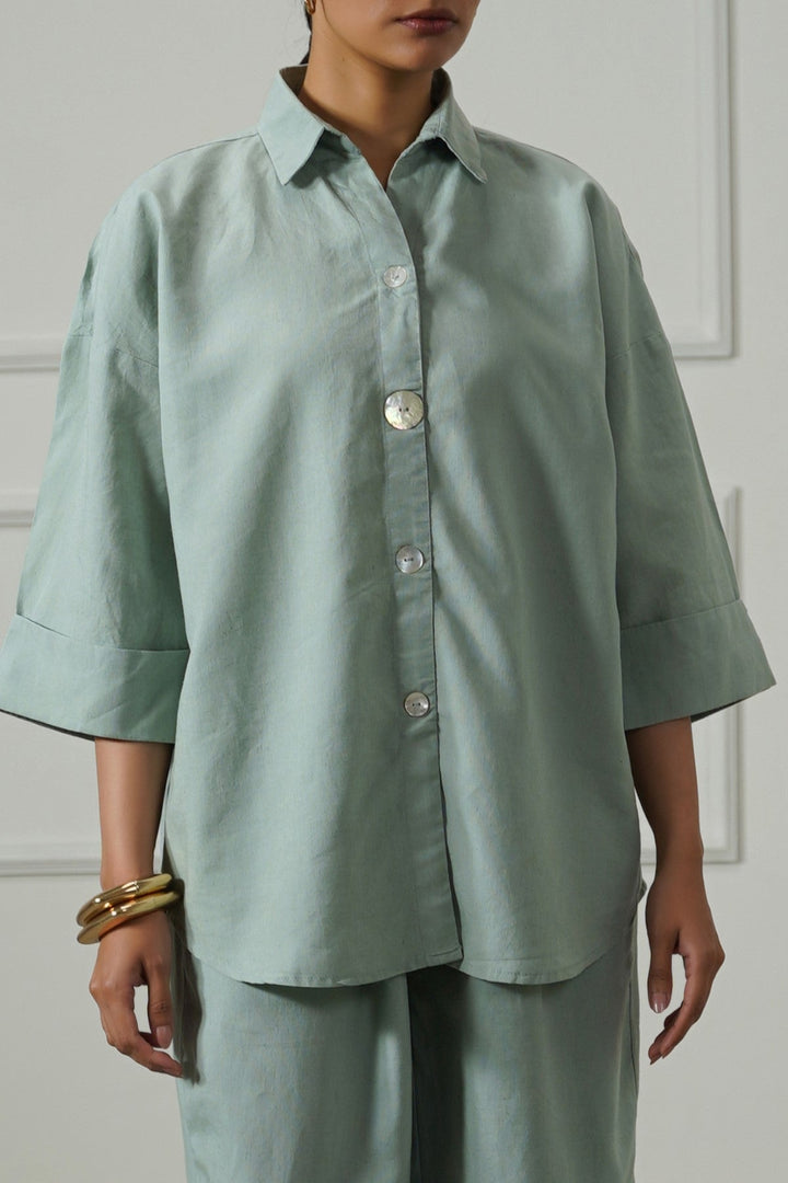 AQUA LYOCELL LINEN BUTTON SHIRT