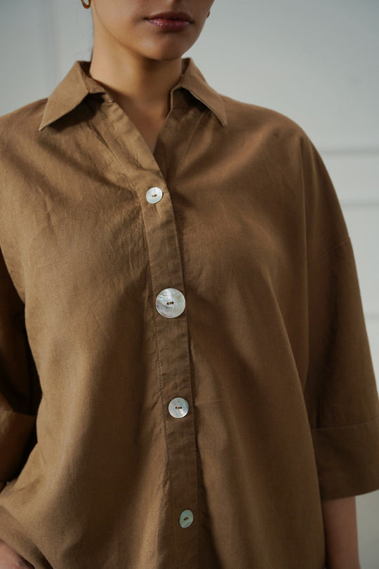 BROWN LYOCELL LINEN BUTTON SHIRT