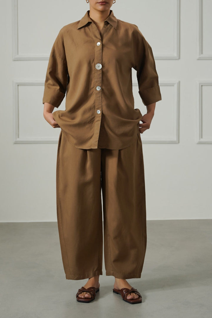 BROWN LYOCELL LINEN BUTTON SHIRT