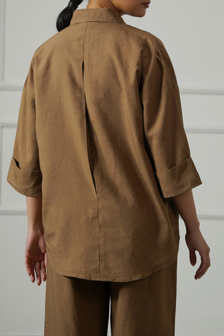 BROWN LYOCELL LINEN BUTTON SHIRT