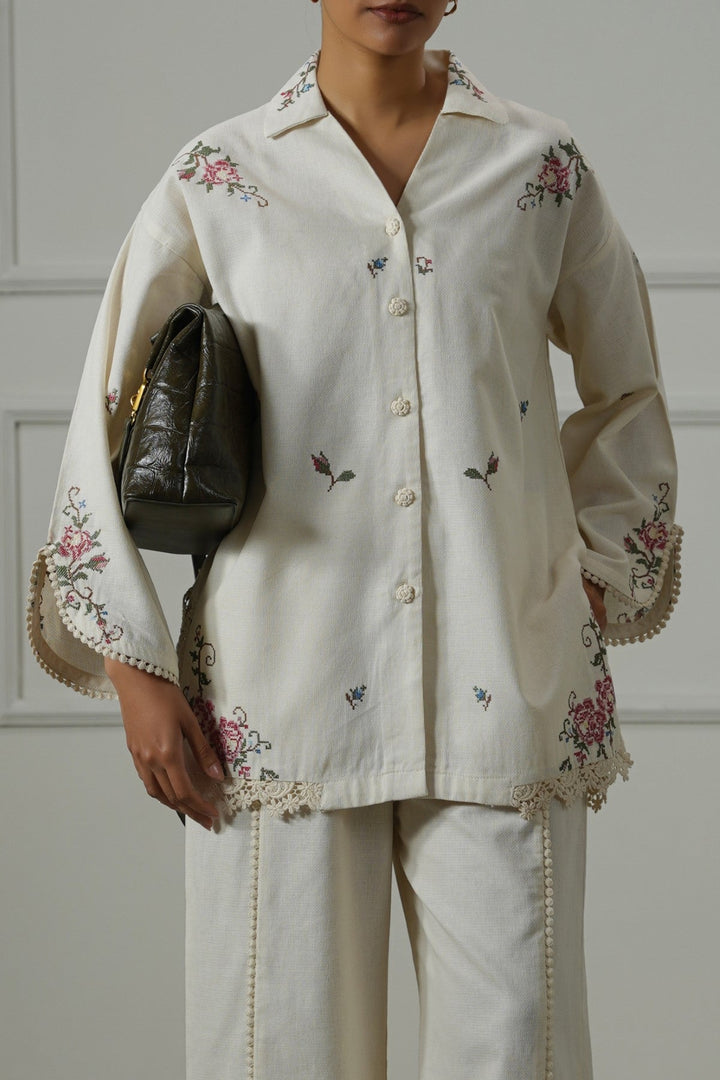 ECRU COTTON LACE ROSE SHIRT