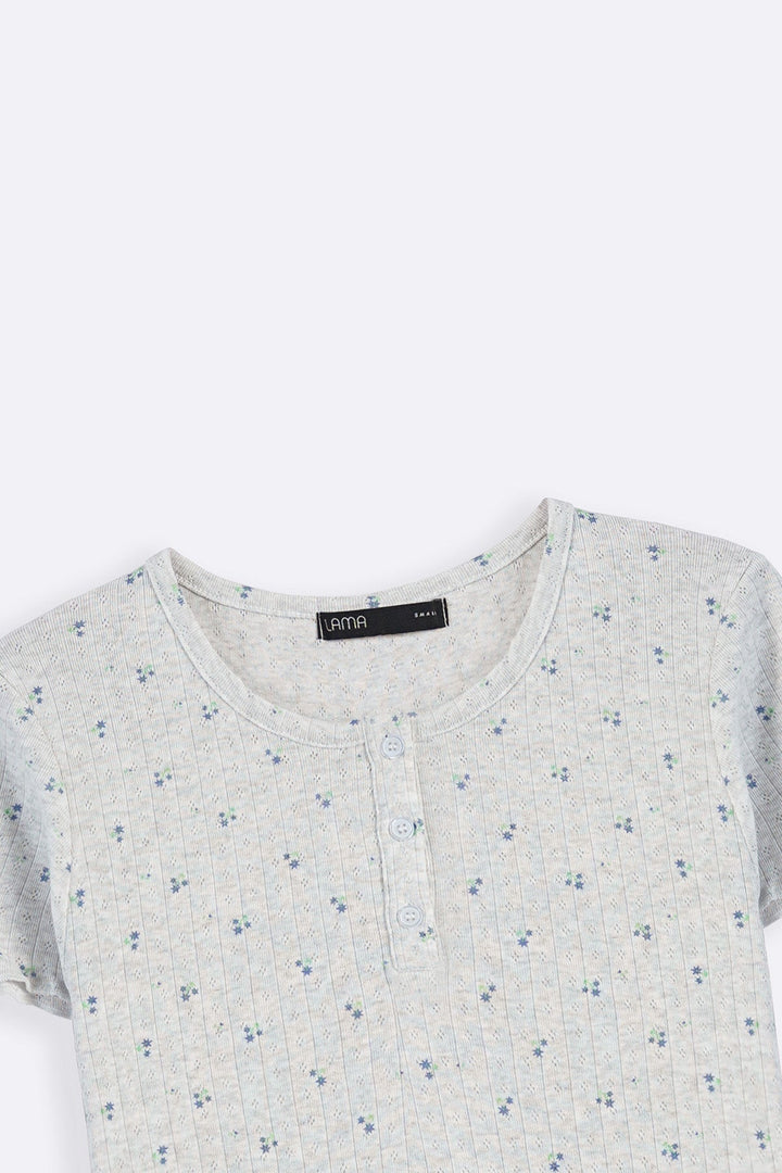 GREY FLORAL HENLEY TEE