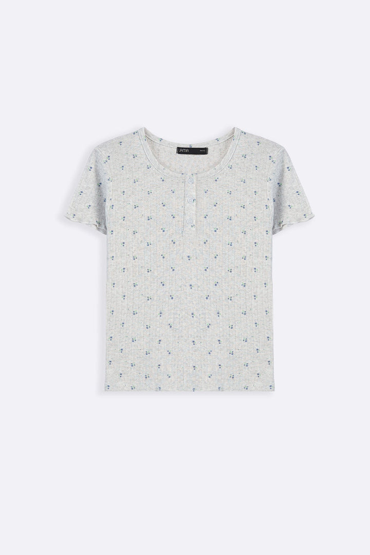 GREY FLORAL HENLEY TEE