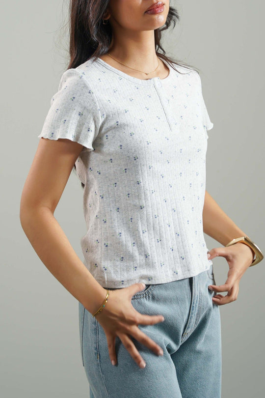 GREY FLORAL HENLEY TEE
