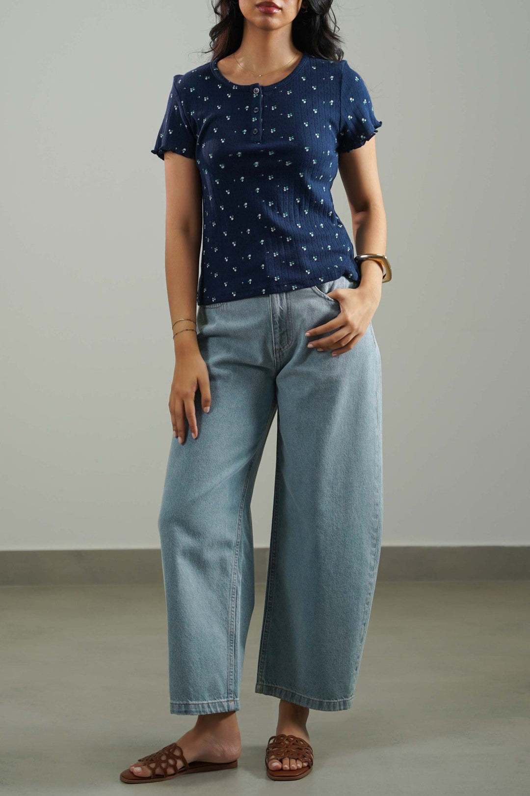 NAVY FLORAL HENLEY TEE