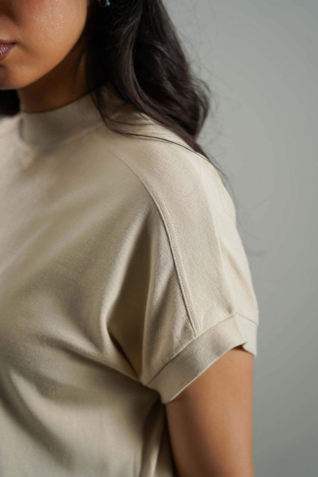 BEIGE FUNNEL NECK KNIT TOP