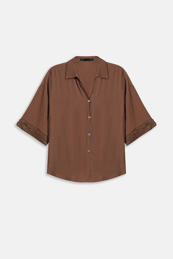 BROWN LACE TRIM BLOUSE