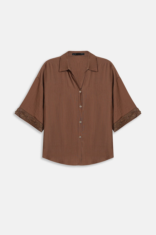 BROWN LACE TRIM BLOUSE