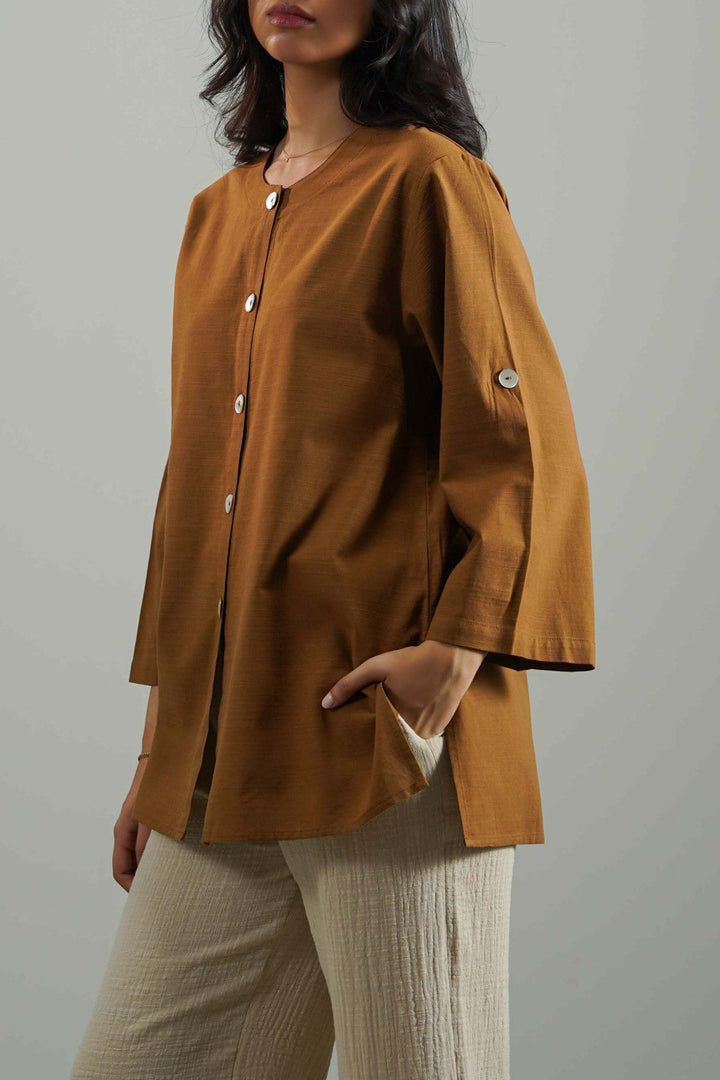 BROWN SOFT SLUB BLOUSE