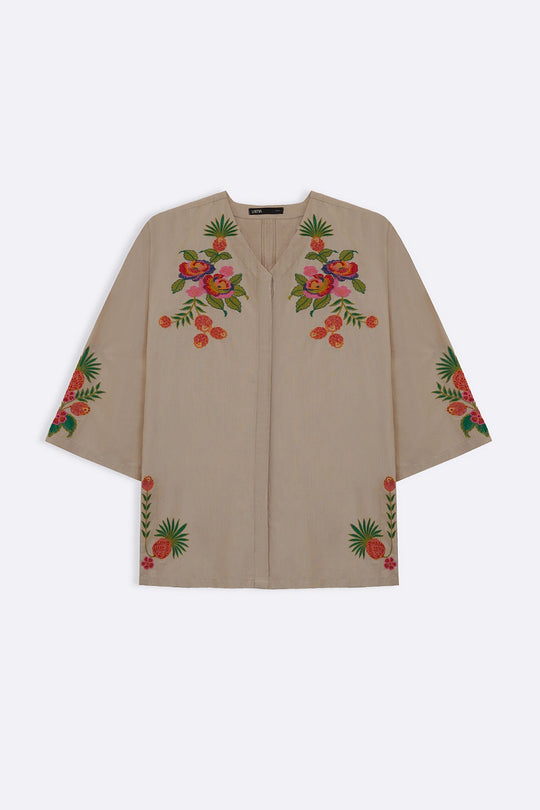 BEIGE TROPICAL ESCAPE BRODERIE SHIRT