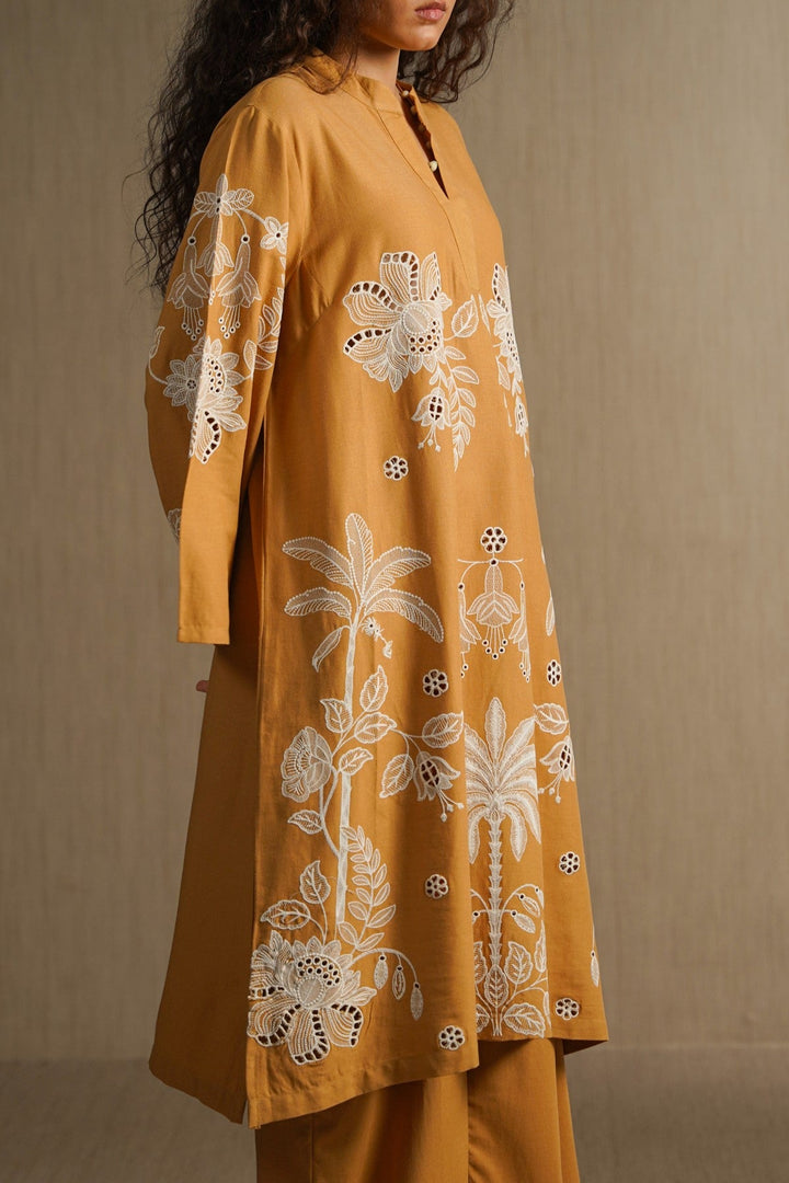 MUSTARD OCHRE BLOOM EMBROIDERED TUNIC