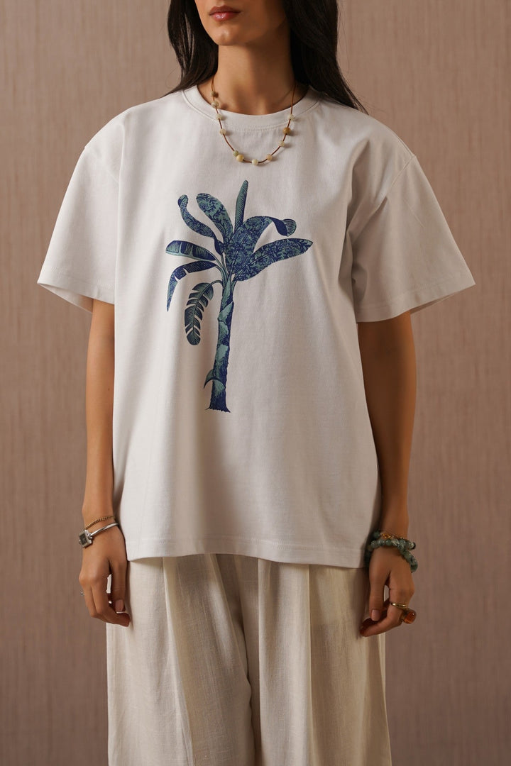 WHITE BLUE PALM TEE
