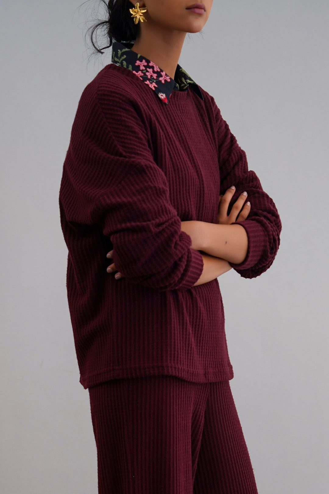 WINE WAFFLE KNIT TOP