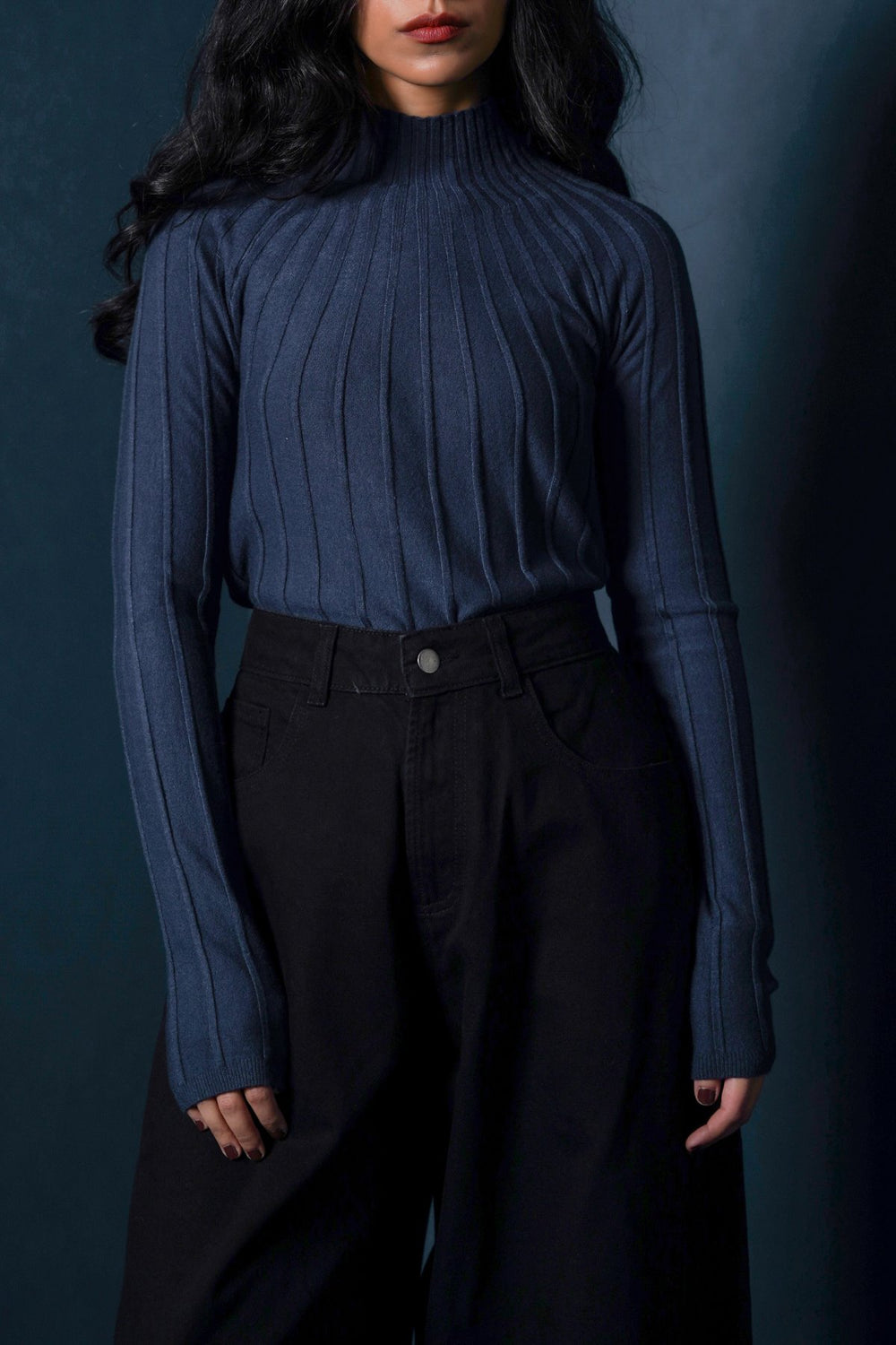 SLATE BLUE RIBBED BODYCON SWEATER