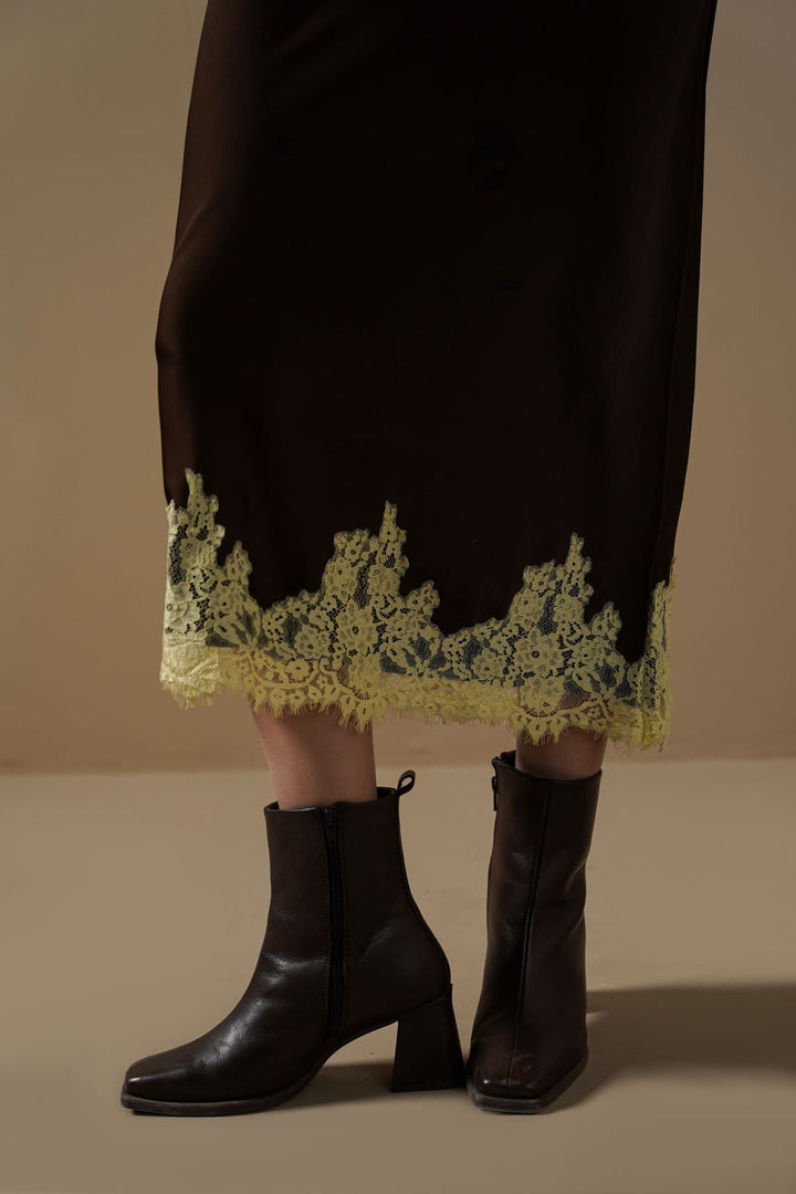 DARK BROWN LACE AND SILK SKIRT