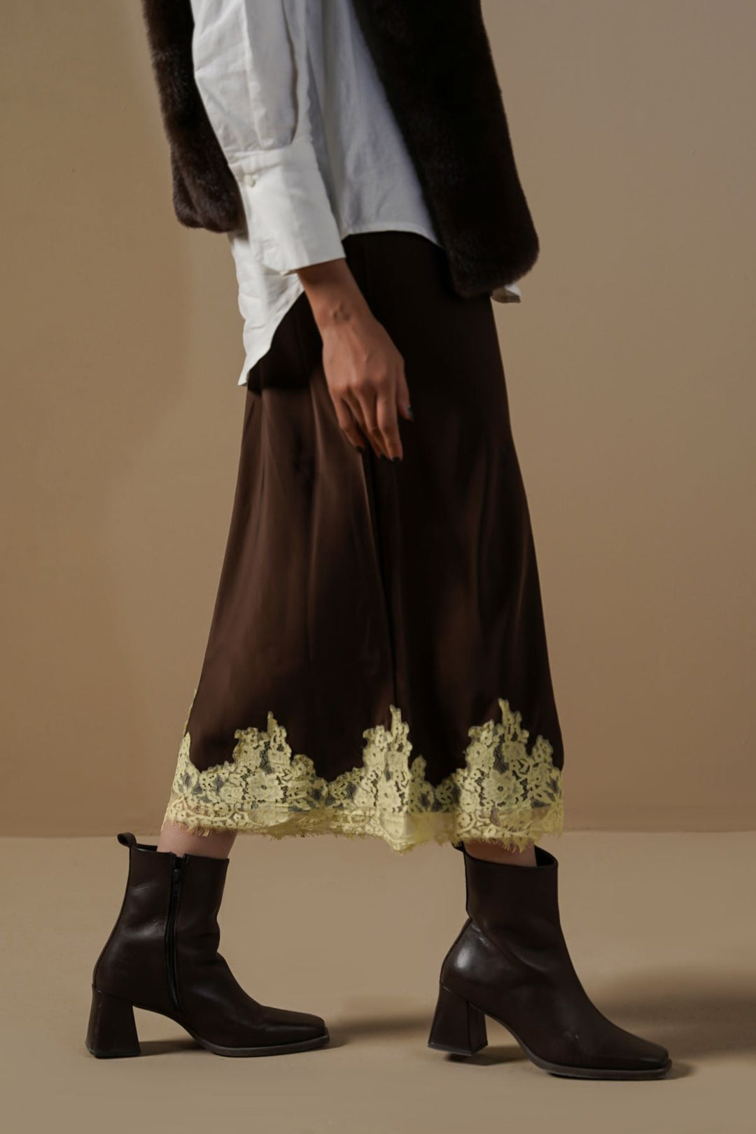 DARK BROWN LACE AND SILK SKIRT