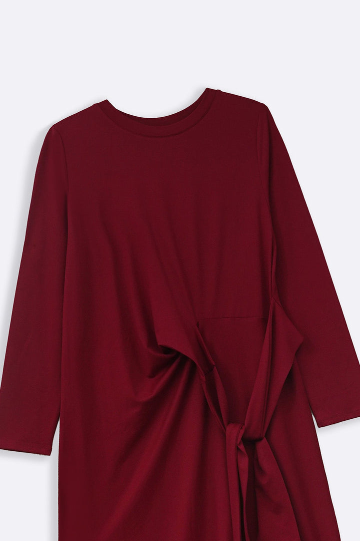 MAROON RUCHED WRAP DRESS