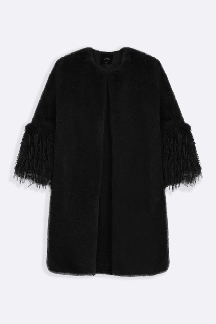 BLACK LONGLINE FEATHERED FUR COAT
