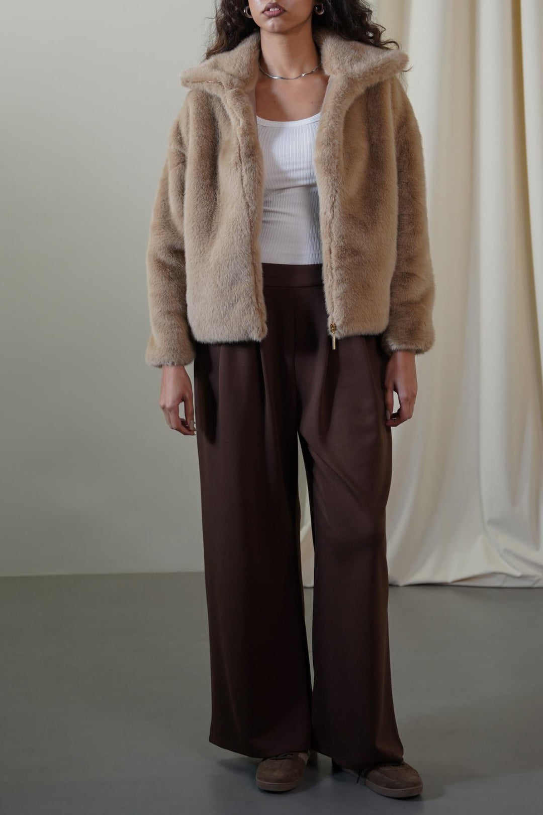 KHAKI FUNNEL NECK FUR JACKET