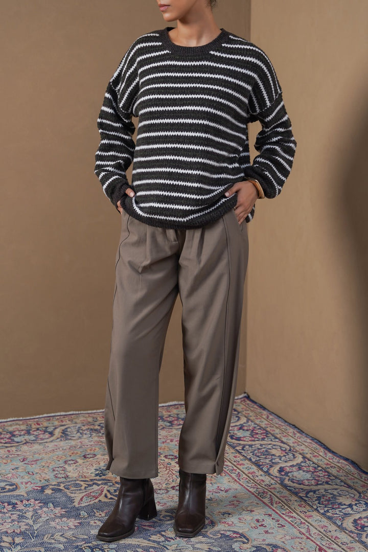 BROWN PINSTRIPE WEAVE SWEATER