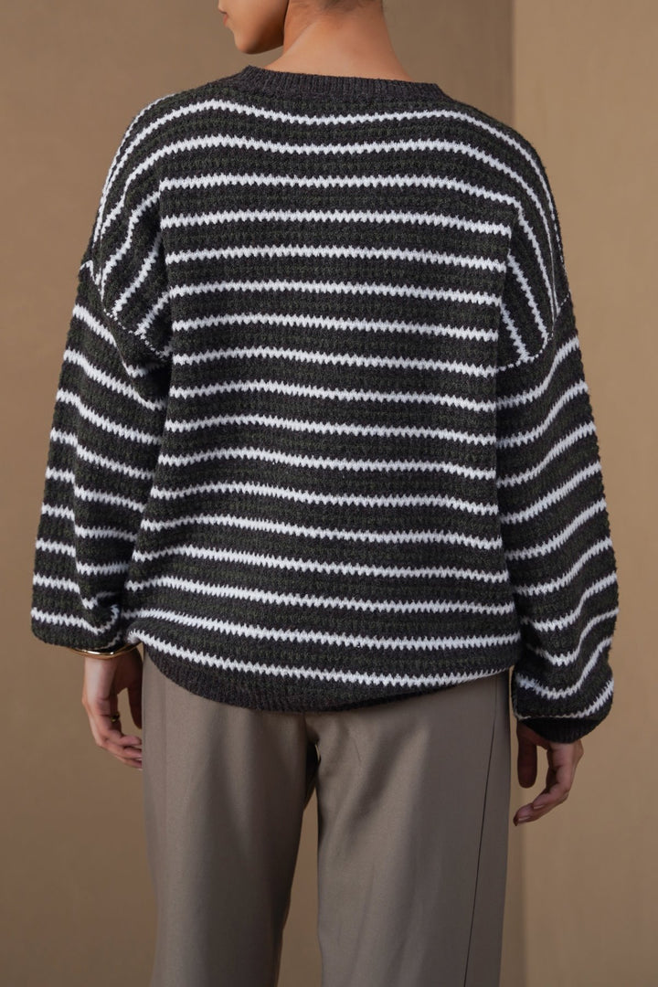 BROWN PINSTRIPE WEAVE SWEATER